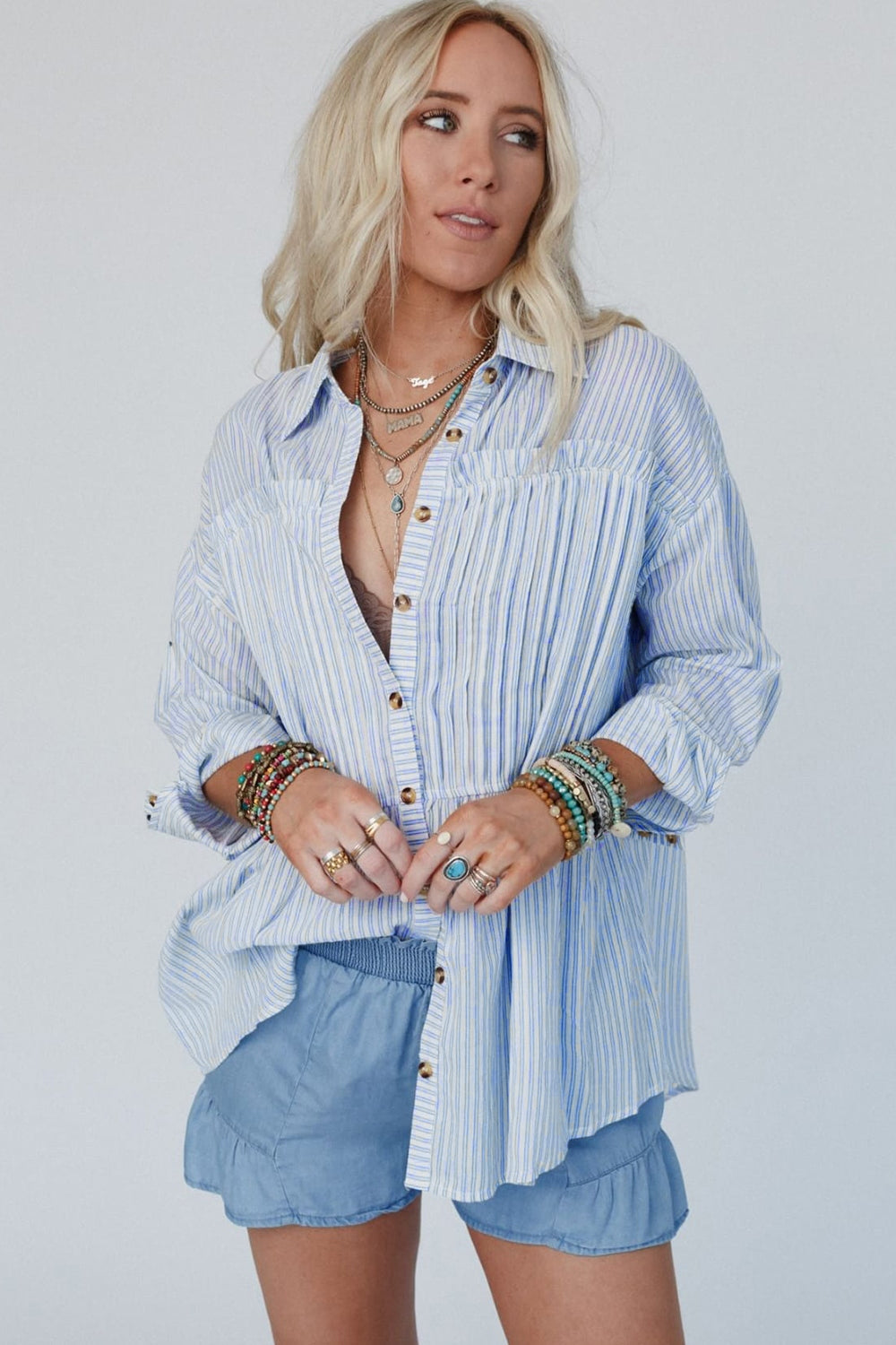 Blue Zone Planet | High-Low Striped Collared Neck Long Sleeve Shirt-SWEATERS-[Adult]-[Female]-2022 Online Blue Zone Planet