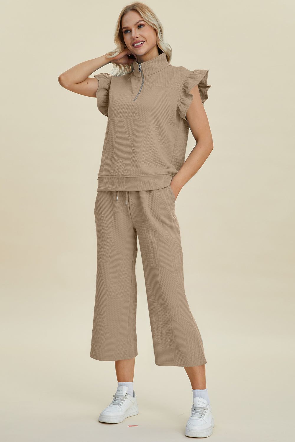 Double Take Full Size Texture Ruffle Short Sleeve Top and Wide Leg Pants Set-TOPS / DRESSES-[Adult]-[Female]-2022 Online Blue Zone Planet