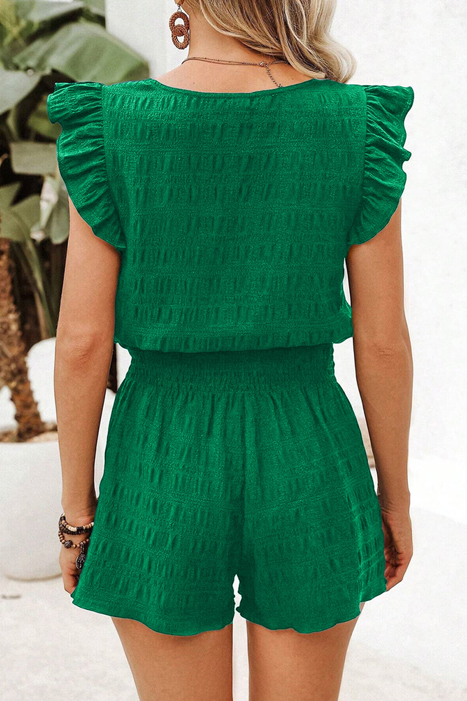 Peach Blossom Textured Square Neck Top and Shirred High Waist Shorts Set-Two Piece Sets/Short Sets-[Adult]-[Female]-2022 Online Blue Zone Planet