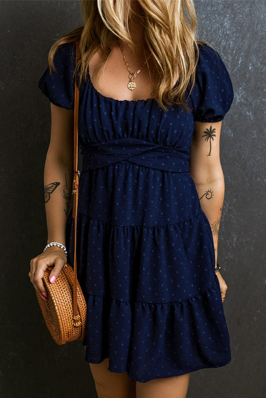 Navy Blue Swiss Dot Jacquard Puff Sleeve Crossover Tied Tiered Dress-TOPS / DRESSES-[Adult]-[Female]-Navy Blue-S-2022 Online Blue Zone Planet