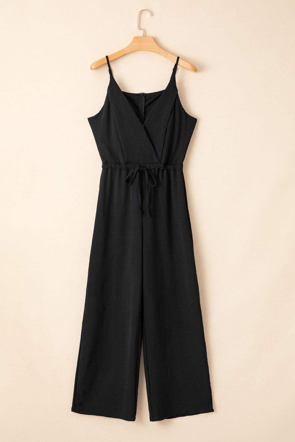 Black Solid Spaghetti Strap Wide Leg Drawstring High Waist Jumpsuit-Bottoms/Jumpsuits & Rompers-[Adult]-[Female]-2022 Online Blue Zone Planet