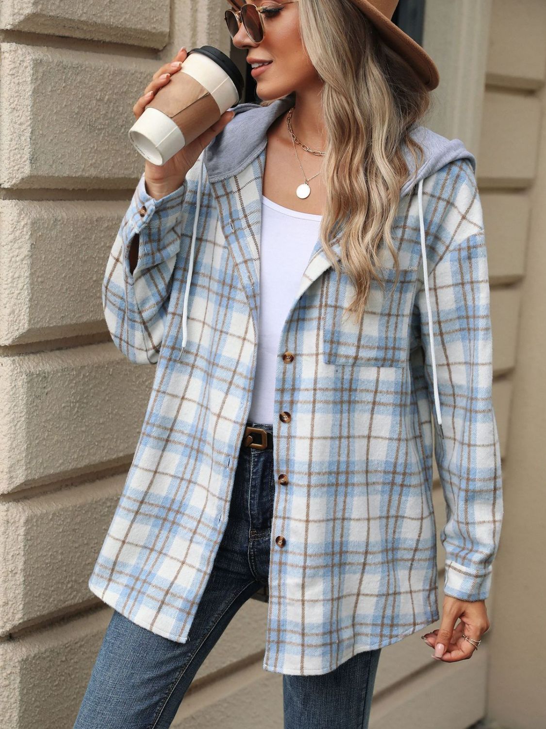 Drawstring Plaid Button Up Hooded Jacket-TOPS / DRESSES-[Adult]-[Female]-2022 Online Blue Zone Planet