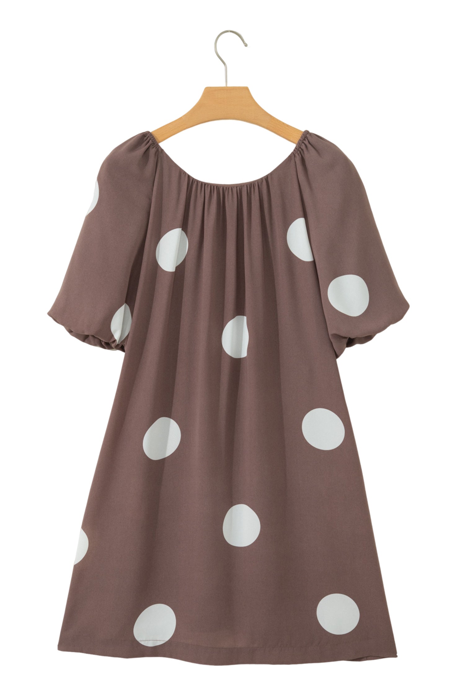 Brown Polka Dot Print Knot Back Short Puff Sleeve Loose Mini Dress-TOPS / DRESSES-[Adult]-[Female]-2022 Online Blue Zone Planet
