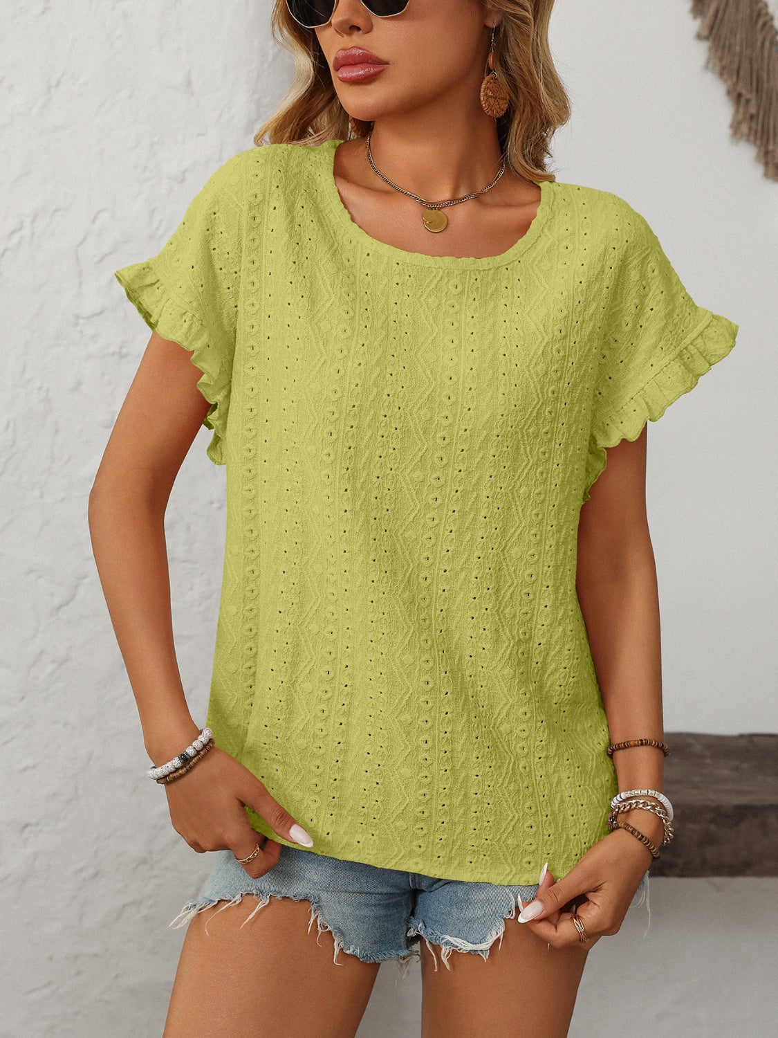 Mandy Eyelet Round Neck Short Sleeve Top-TOPS / DRESSES-[Adult]-[Female]-Yellow-Green-S-2022 Online Blue Zone Planet