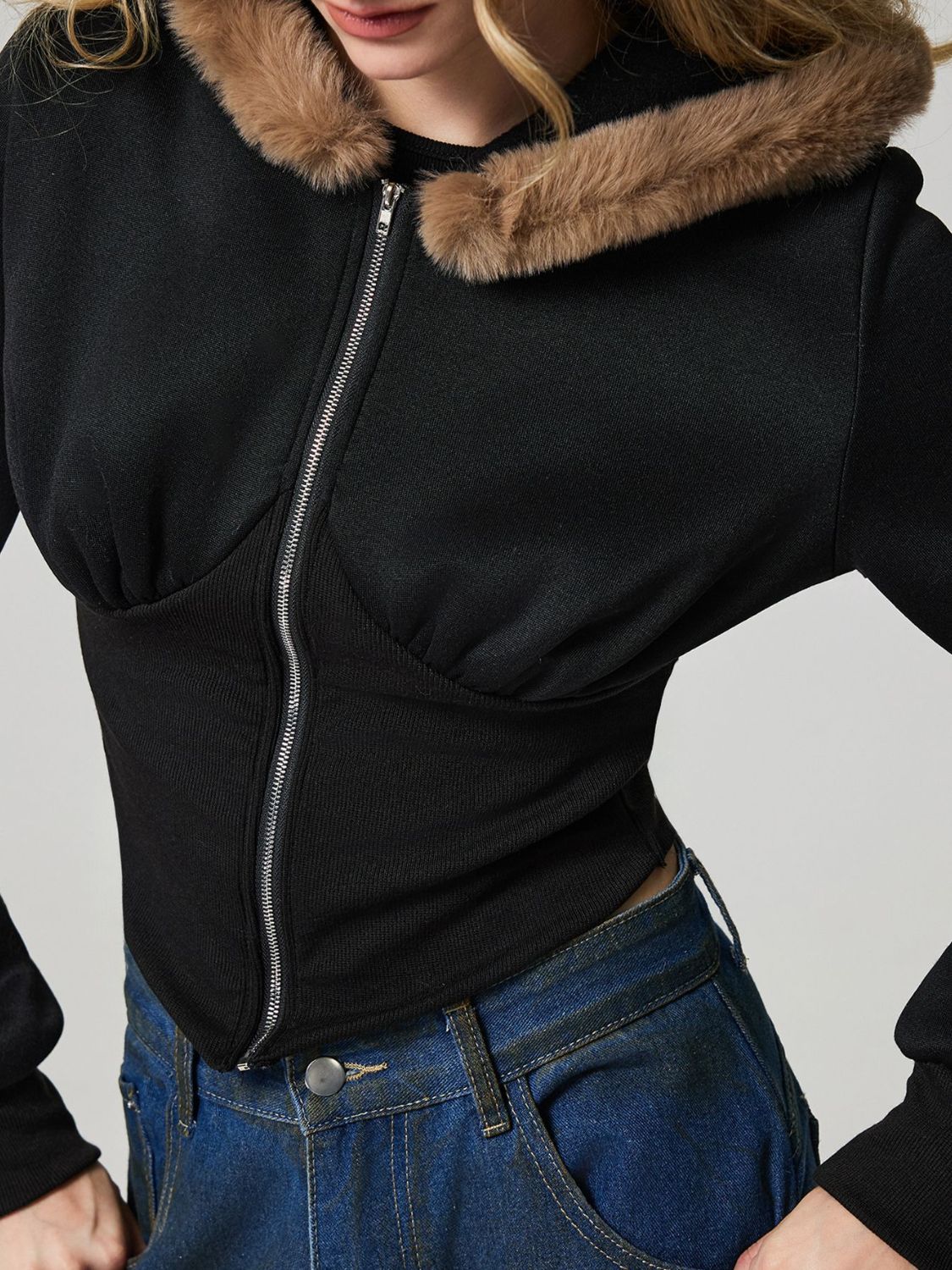 Zip Up Long Sleeve Fuzzy Hem Hooded Jacket-TOPS / DRESSES-[Adult]-[Female]-2022 Online Blue Zone Planet