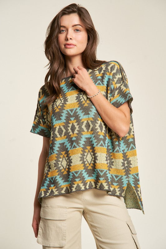 Davi & Dani High-Low Geometric Round Neck Knit Top-TOPS / DRESSES-[Adult]-[Female]-SEAFOAM/YELLOW-S-2022 Online Blue Zone Planet