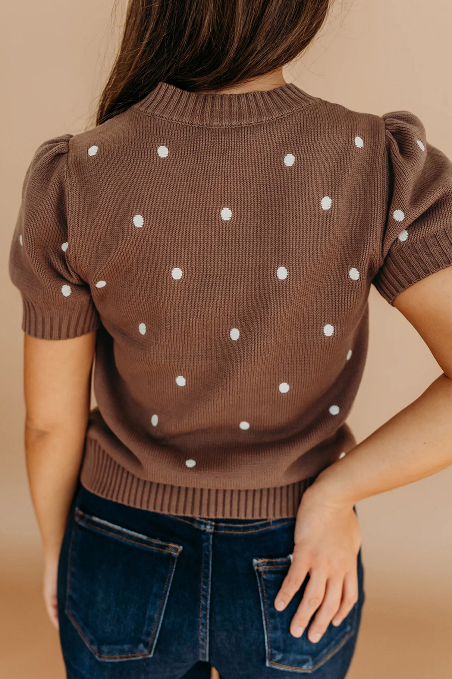 Chestnut Elegant Polka Dot Bubble Short Sleeve Sweater-Sweaters & Cardigans/Short Sleeve Sweaters-[Adult]-[Female]-2022 Online Blue Zone Planet