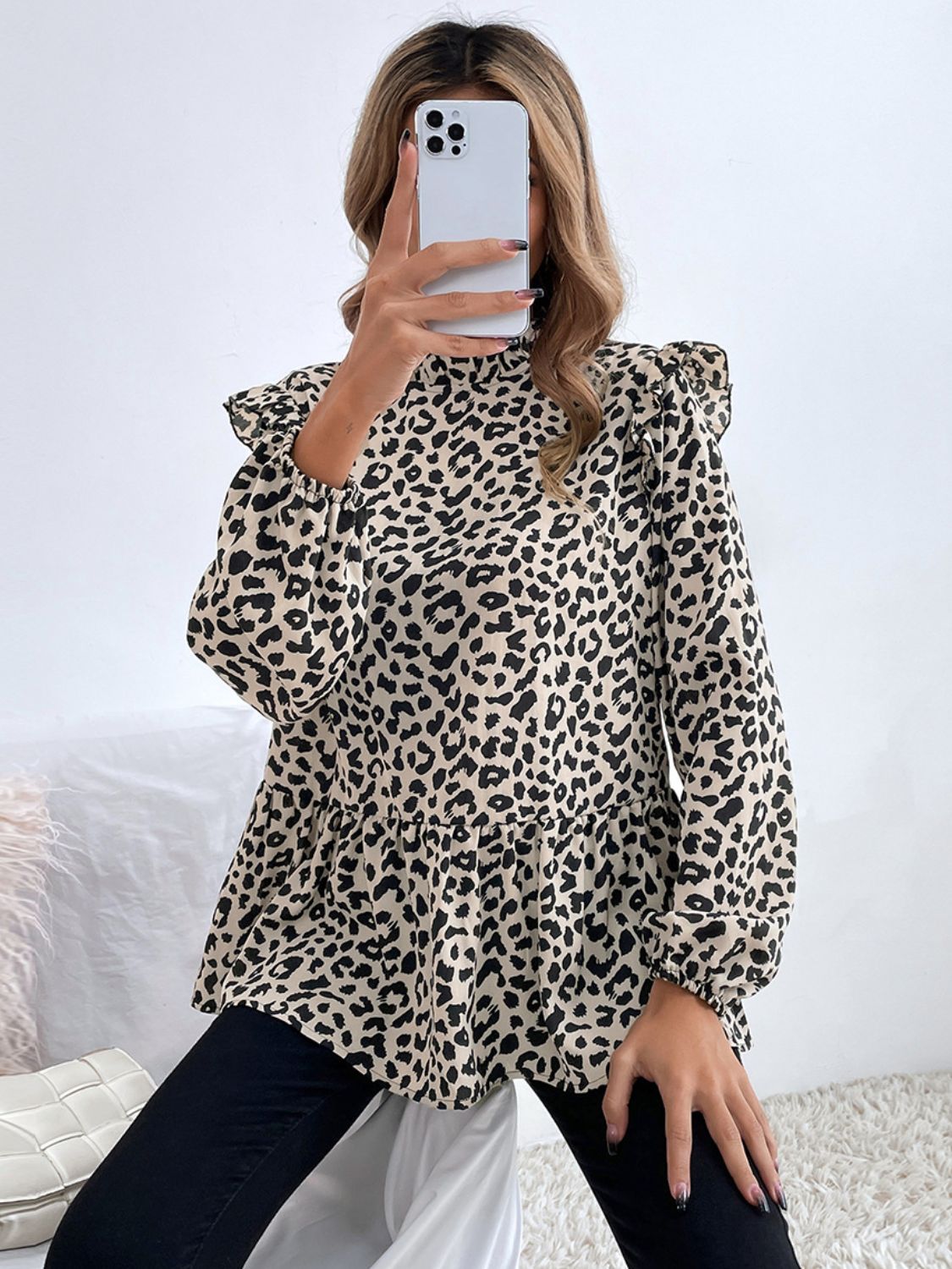 Ruffled Leopard Mock Neck Long Sleeve Blouse-TOPS / DRESSES-[Adult]-[Female]-2022 Online Blue Zone Planet