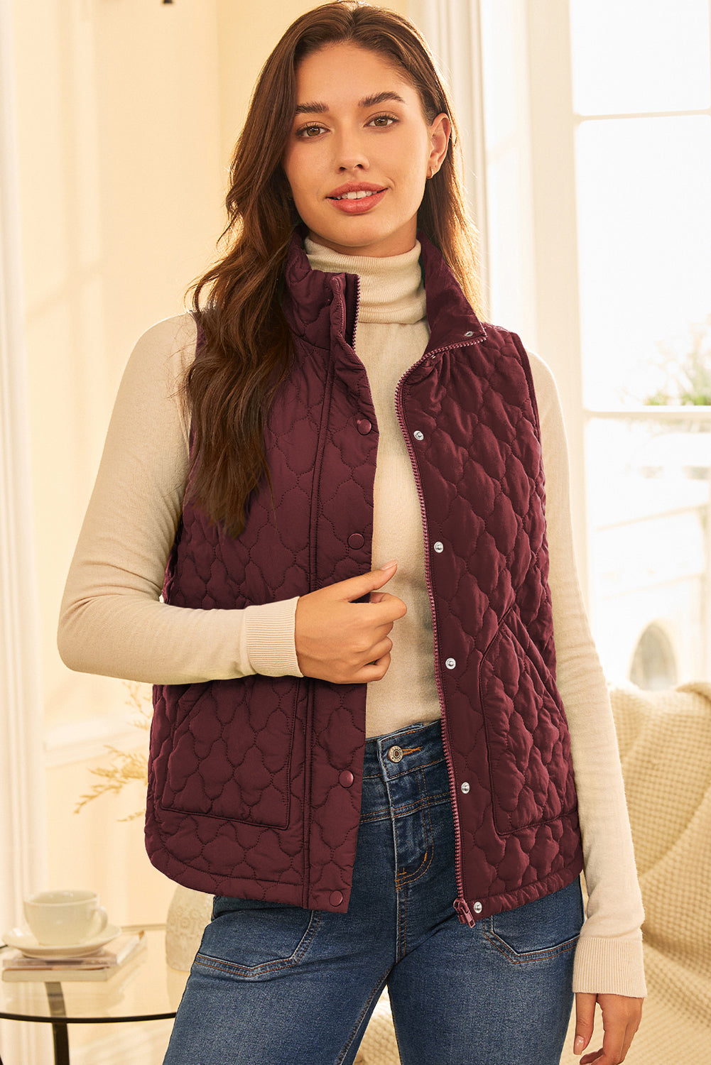 Wild Ginger Flower Shape Quilted Snap Button Zip Up Winter Vest-Outerwear/Vests-[Adult]-[Female]-2022 Online Blue Zone Planet