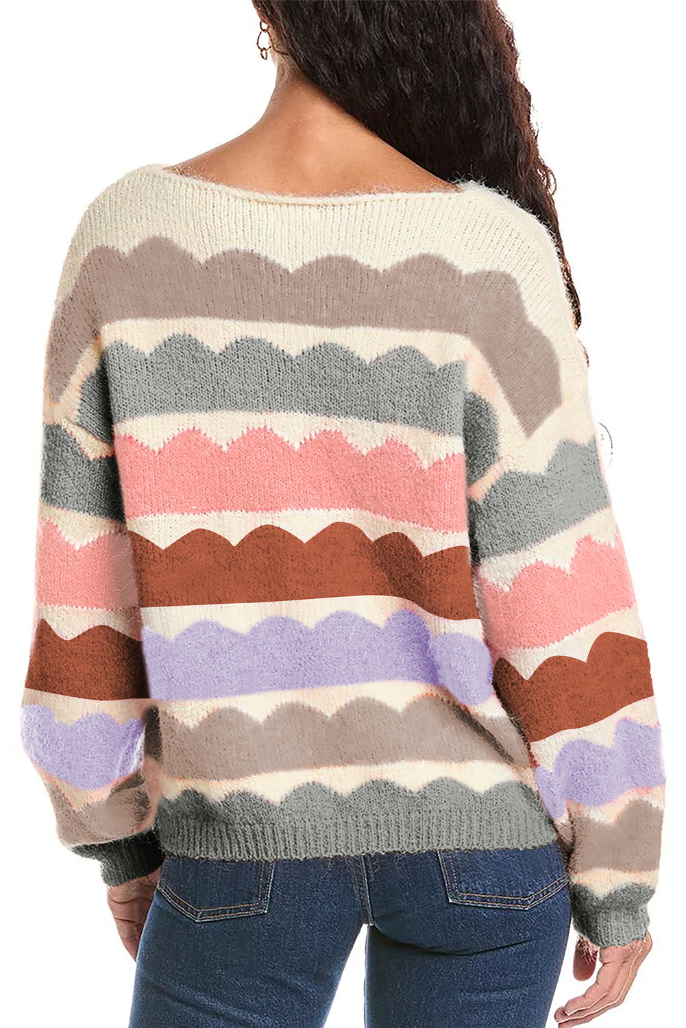 Yellow Wave Striped Balloon Sleeve Drop Shoulder Sweater-Sweaters-[Adult]-[Female]-2022 Online Blue Zone Planet