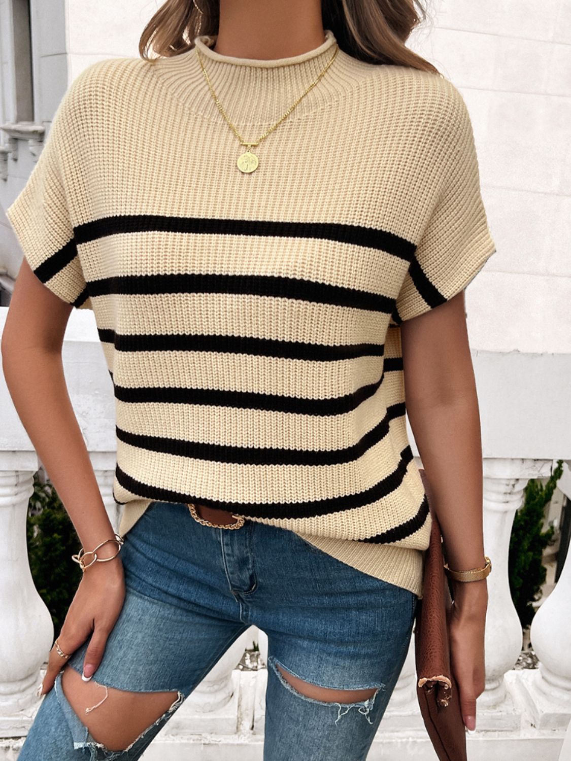 Striped Mock Neck Short Sleeve Sweater-TOPS / DRESSES-[Adult]-[Female]-2022 Online Blue Zone Planet