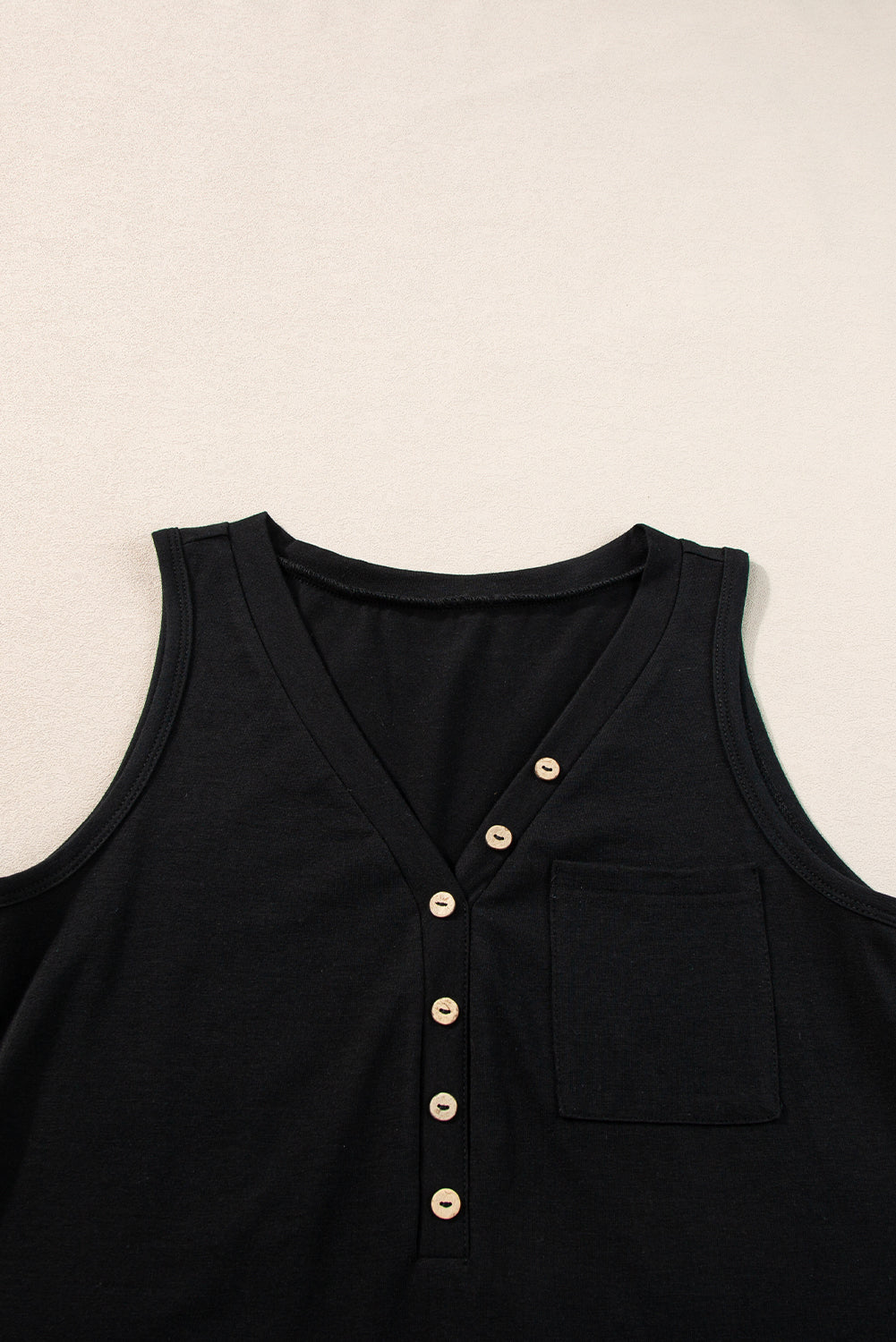 Black Half Button V Neck Patched Pocket Tank Top-Tops/Tank Tops-[Adult]-[Female]-2022 Online Blue Zone Planet