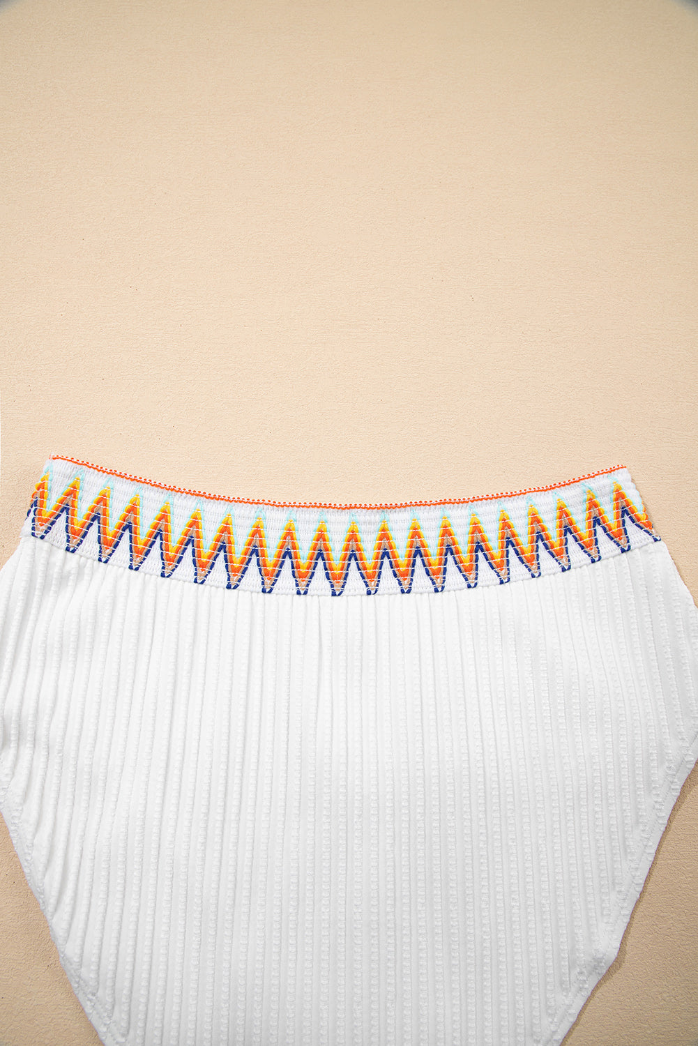 White Textured Contrast Banding Bikini High Waist 2Pcs Swimsuit-Swimwear/High Waisted Swimsuit-[Adult]-[Female]-2022 Online Blue Zone Planet