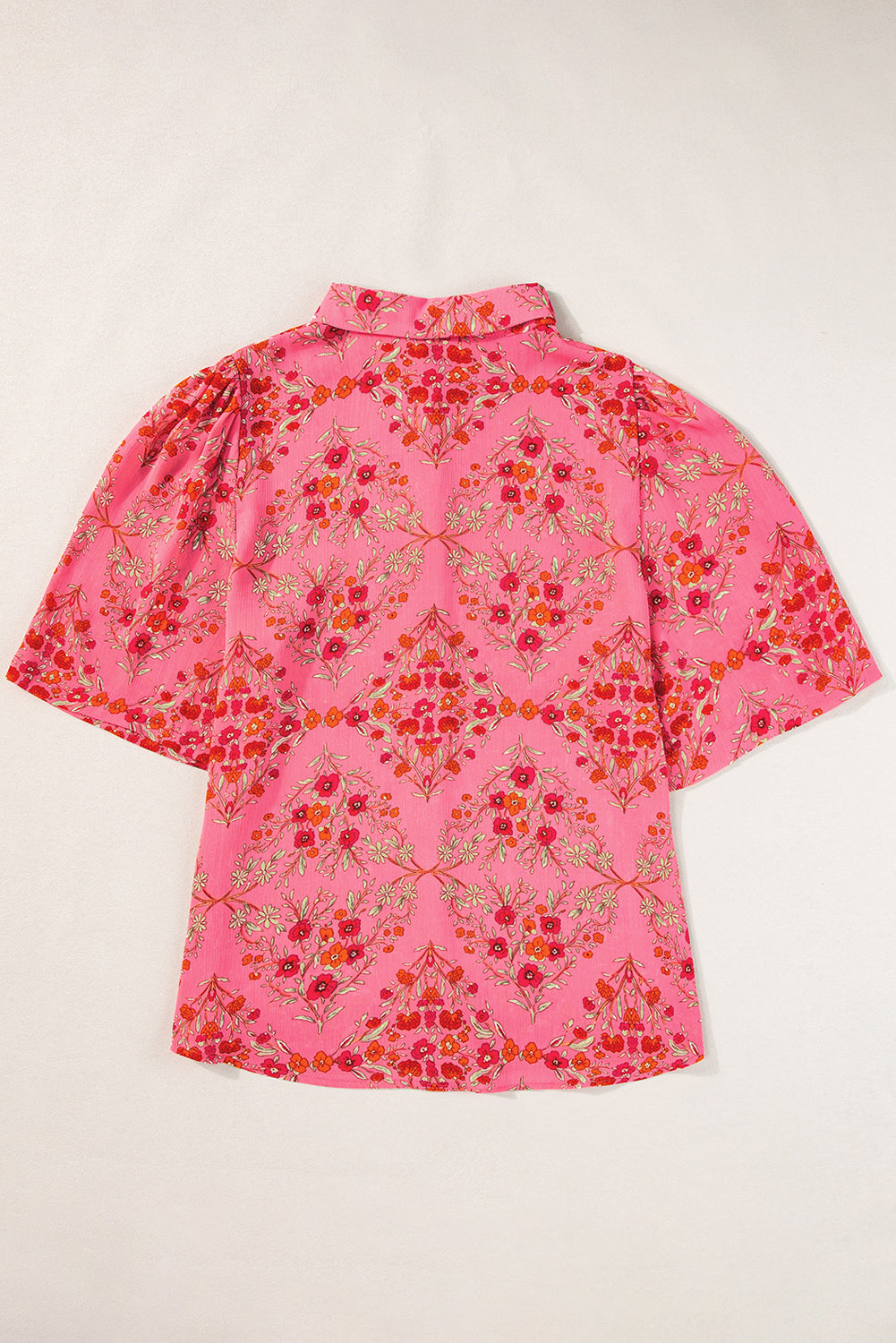 Rose Red Floral Print Wide Short Sleeve Loose Shirt-Tops/Blouses & Shirts-[Adult]-[Female]-2022 Online Blue Zone Planet