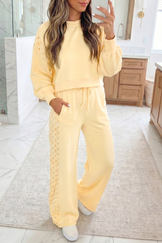 Yellow Cream Eyelet Embroidered Lace Patchwork Cropped Pullover Drawstring Pants Set-Two Piece Sets/Pant Sets-[Adult]-[Female]-Yellow Cream-S-2022 Online Blue Zone Planet