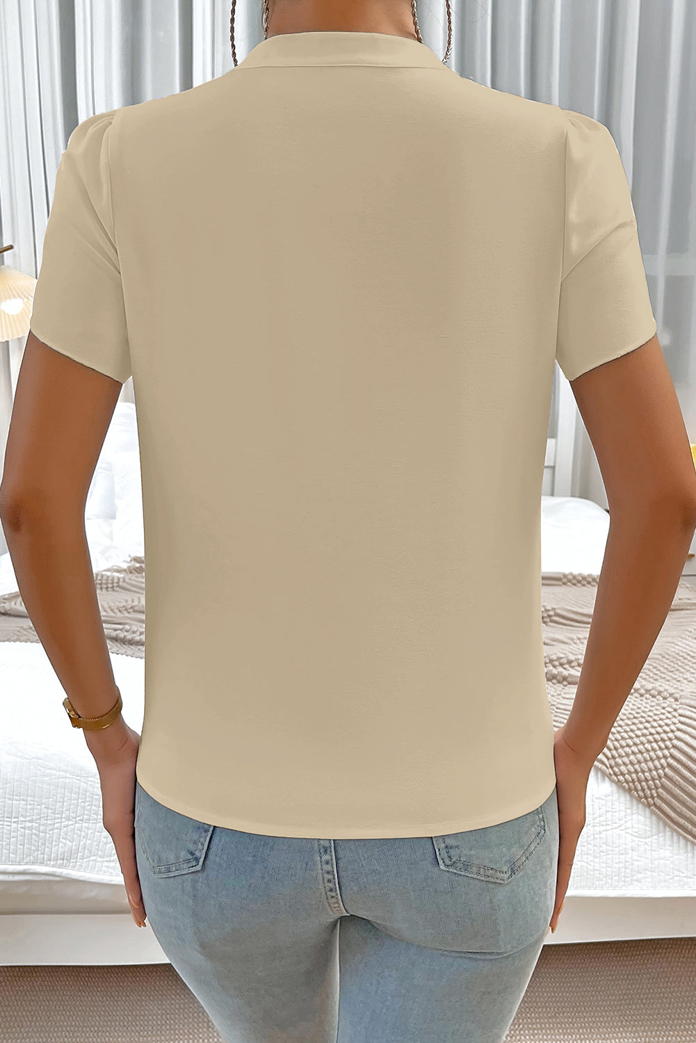 Sail Blue Silky Notched Neckline Petal Sleeve Blouse-Tops/Blouses & Shirts-[Adult]-[Female]-2022 Online Blue Zone Planet