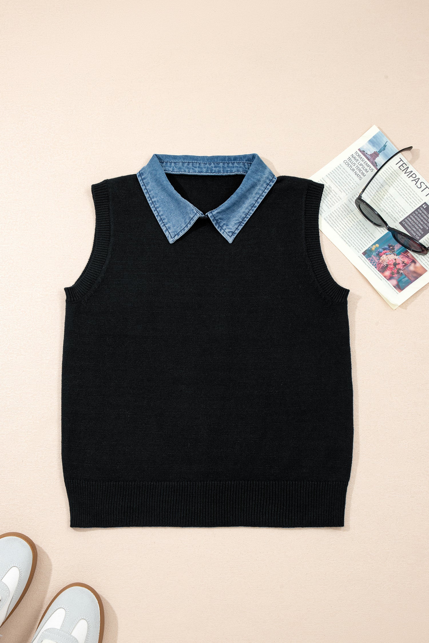 Black Solid Color Knit Contrast Denim Patchwork Collar Sweater Vest-TOPS / DRESSES-[Adult]-[Female]-2022 Online Blue Zone Planet