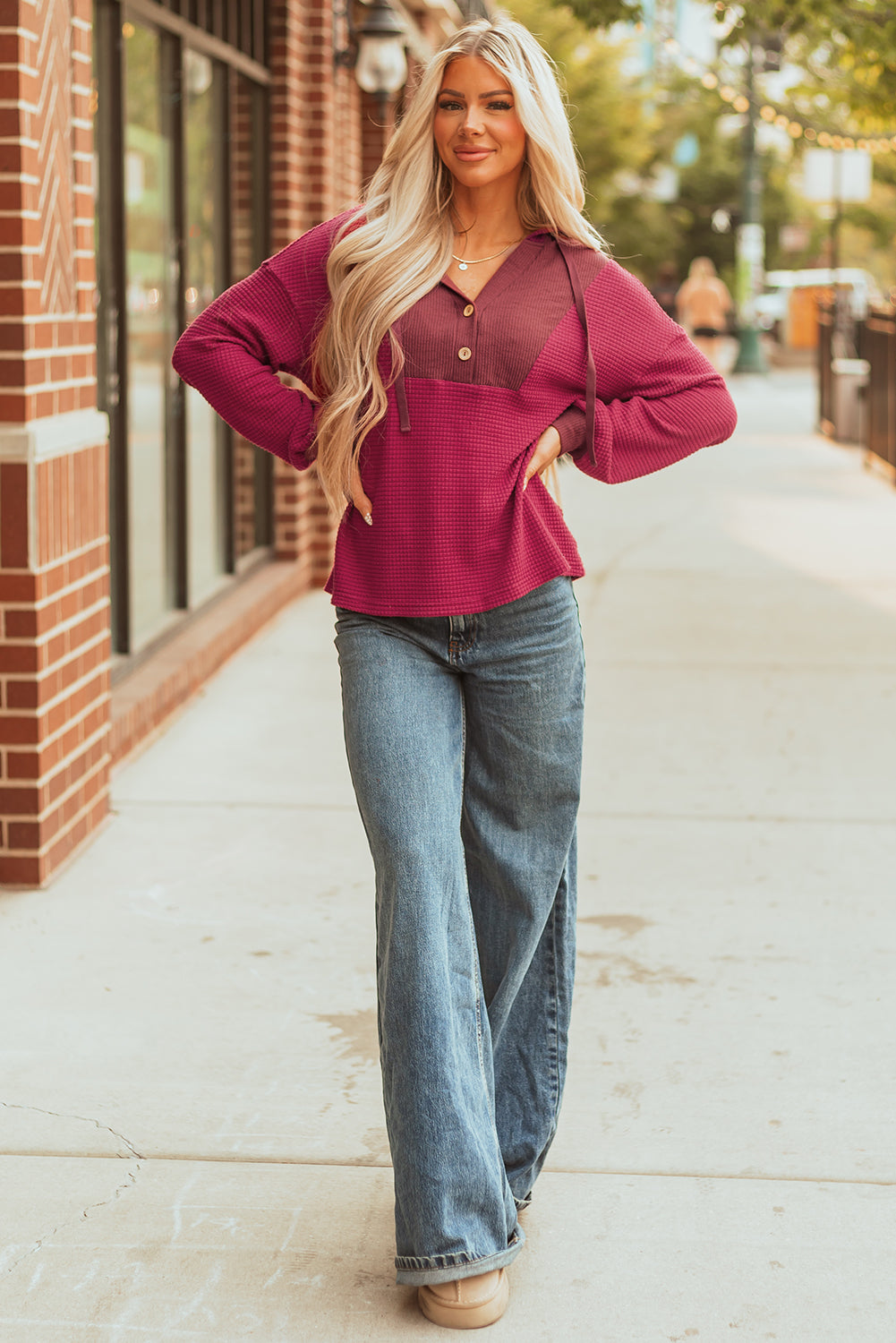 Racing Red Waffle Patchwork Drop Shoulder Hooded Long Sleeve Top-Tops / Dresses-[Adult]-[Female]-2022 Online Blue Zone Planet