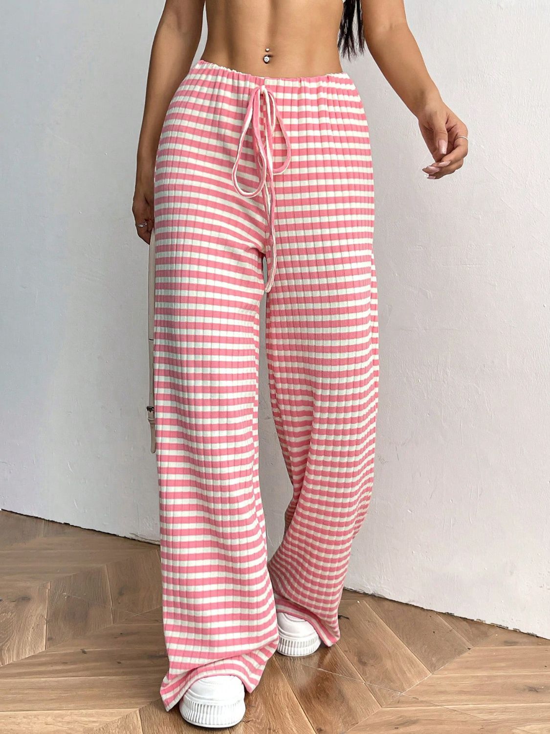 Blue Zone Planet | Tied Striped Wide Leg Pants-BOTTOMS SIZES SMALL MEDIUM LARGE-[Adult]-[Female]-2022 Online Blue Zone Planet