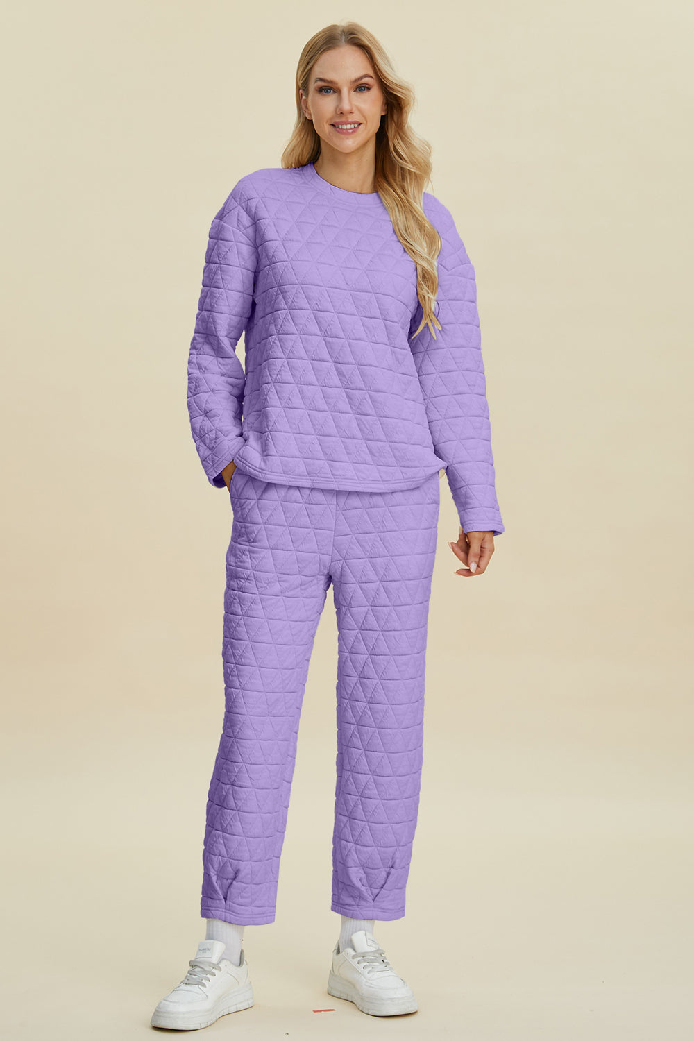 Double Take Full Size Texture Round Neck Long Sleeve Top and Pants Set-TOPS / DRESSES-[Adult]-[Female]-2022 Online Blue Zone Planet