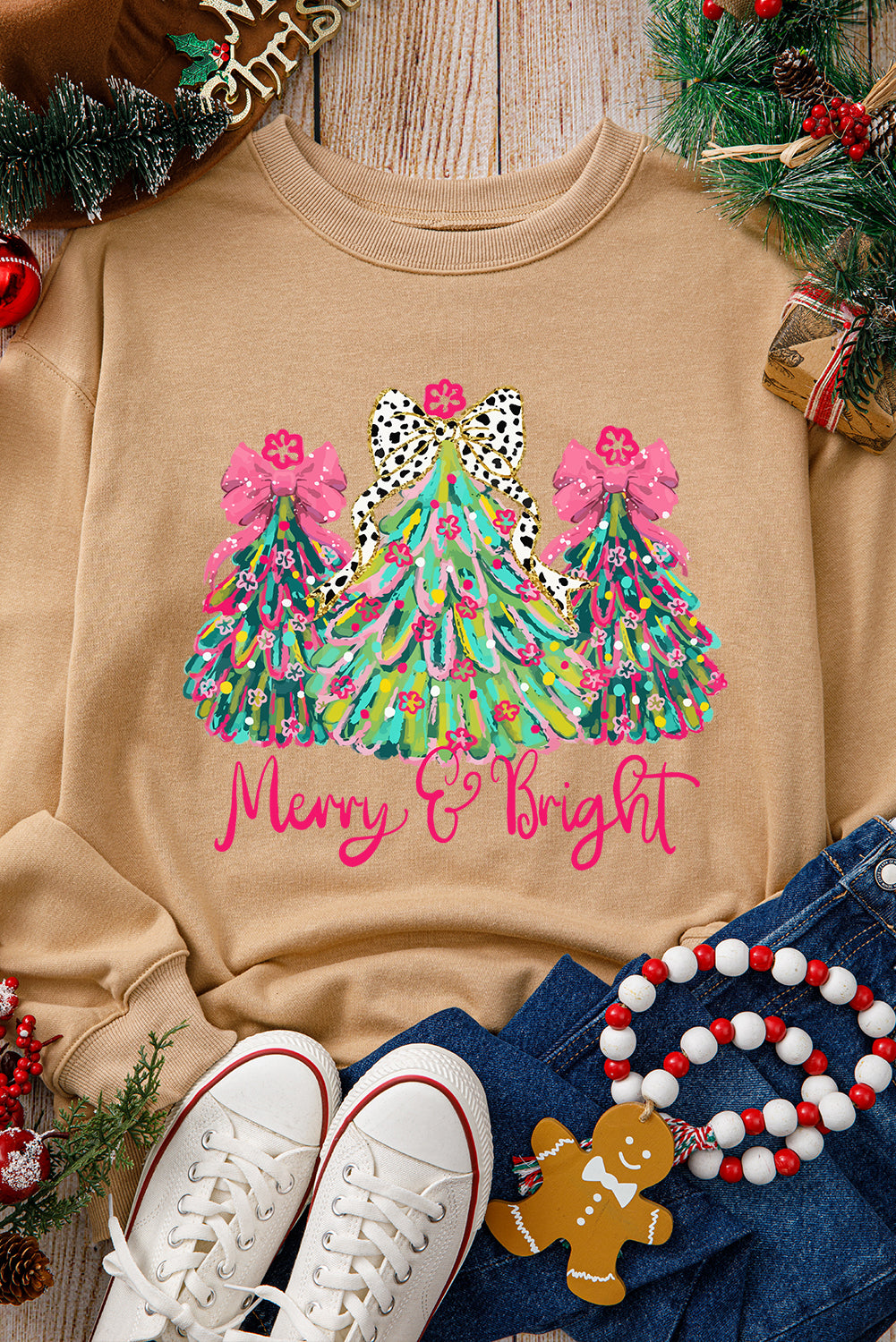Khaki Merry & Bright Christmas Tree Print Pullover Sweatshirt-Graphic/Graphic Sweatshirts-[Adult]-[Female]-2022 Online Blue Zone Planet