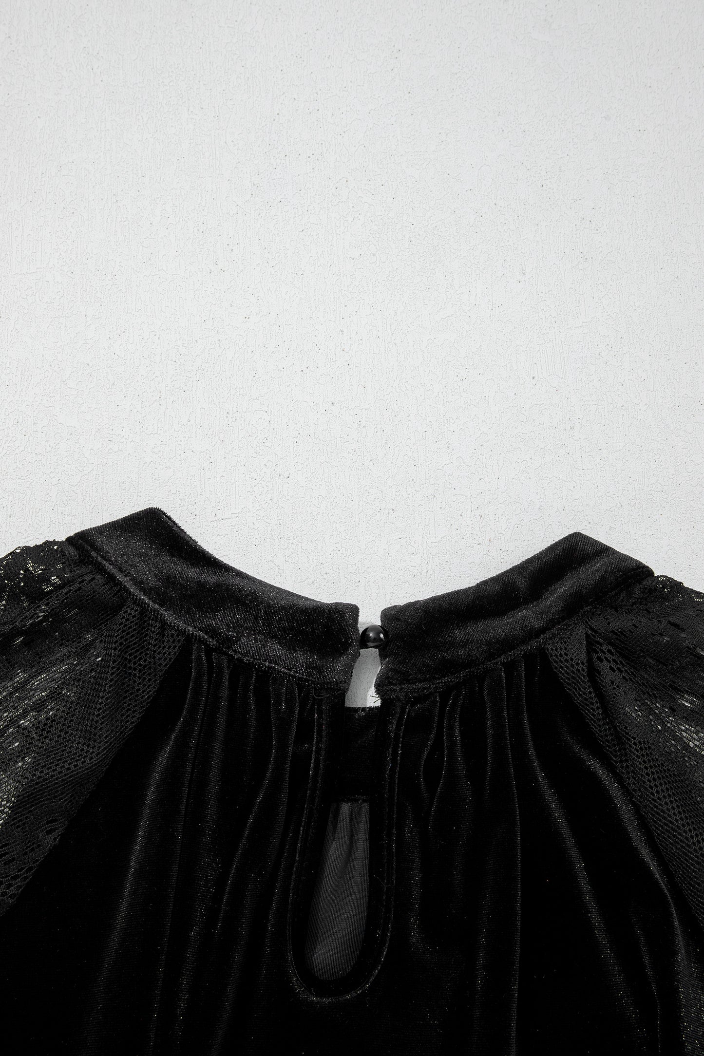 Color Black Solid Color Sheer Lace Long Sleeve Patchwork Stand Neck Velvet Blouse-Tops/Blouses & Shirts-[Adult]-[Female]-2022 Online Blue Zone Planet