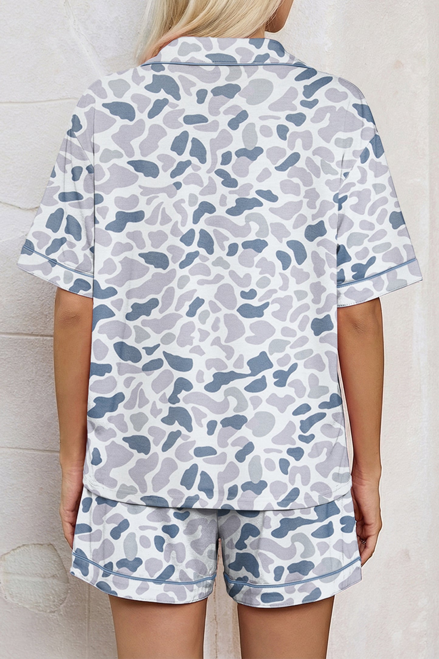 Beige Camouflage Print Lapel Shirt Drawstring 2pcs Short Pajama Set-Loungewear & Sleepwear/Sleepwear-[Adult]-[Female]-2022 Online Blue Zone Planet