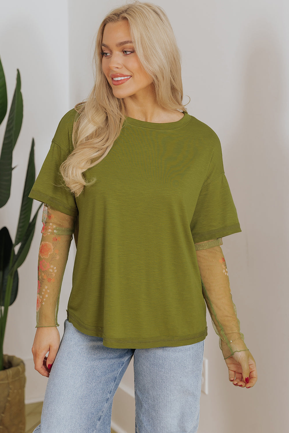 Blue Zone Planet | Fern Green Faux Two Piece Floral Long Sleeve Patchwork Tee-Tops/Long Sleeve Tops-[Adult]-[Female]-2022 Online Blue Zone Planet