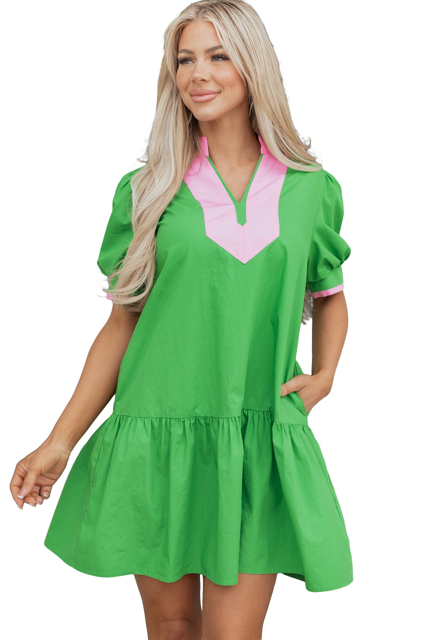 Bright Green Color Block Detail Split Neck Short Puff Sleeve Ruffle Hem Mini Dress-TOPS / DRESSES-[Adult]-[Female]-2022 Online Blue Zone Planet