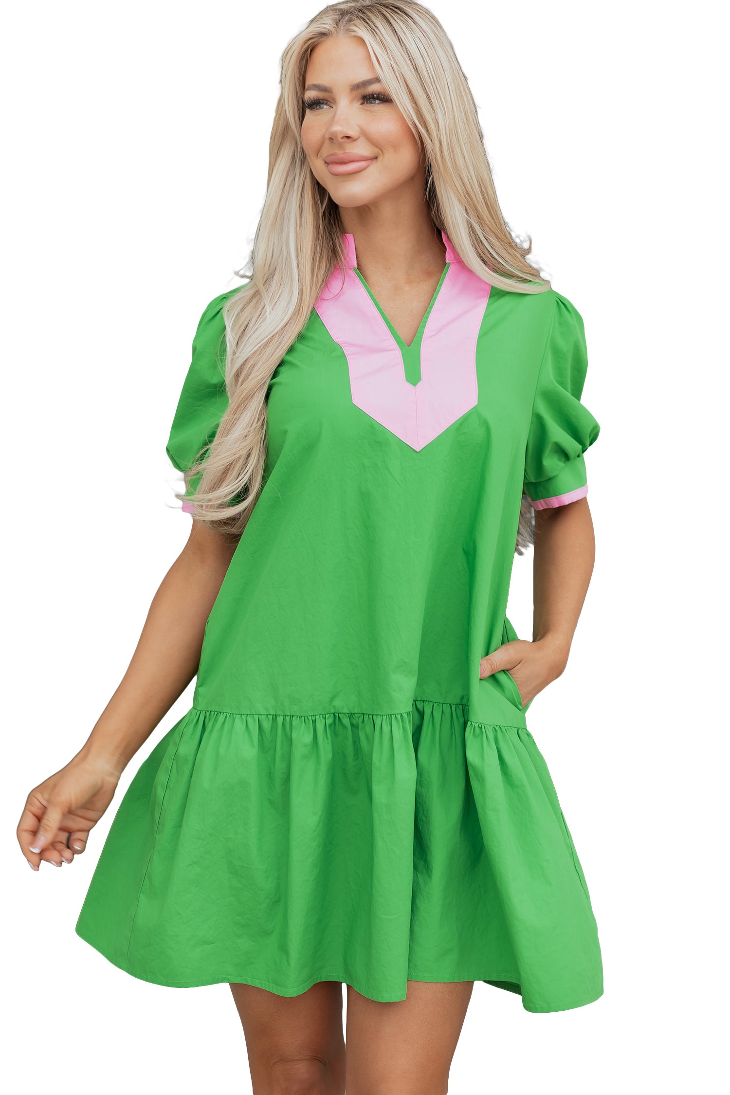 Bright Green Color Block Detail Split Neck Short Puff Sleeve Ruffle Hem Mini Dress-TOPS / DRESSES-[Adult]-[Female]-2022 Online Blue Zone Planet