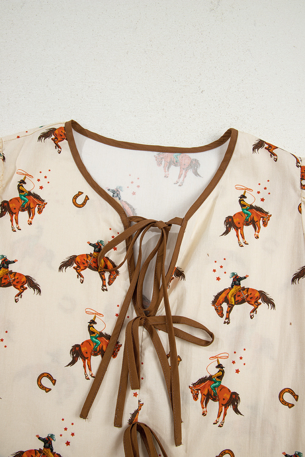 Apricot Cowboy Print Puff Sleeve Bowknot Peplum Blouse-Tops/Blouses & Shirts-[Adult]-[Female]-2022 Online Blue Zone Planet