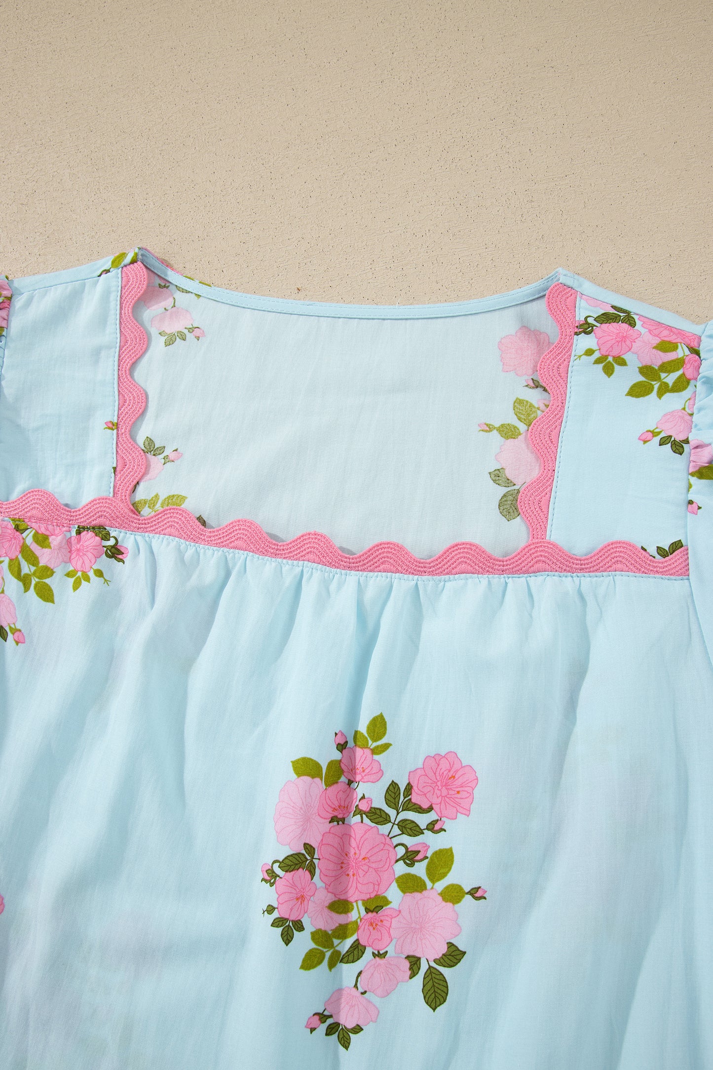 Sky Blue Floral Printed Contrast Ricrac Detail Bubble Sleeve Blouse-Tops/Blouses & Shirts-[Adult]-[Female]-2022 Online Blue Zone Planet