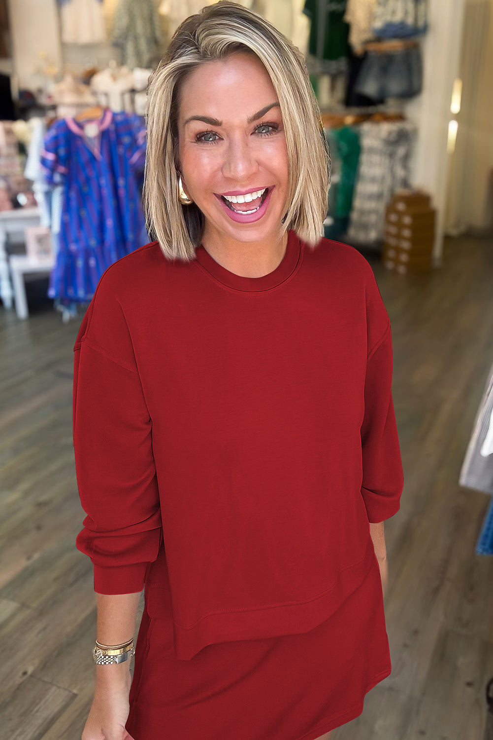 Racing Red Solid Color Drop Shoulder Pullover Drawstring Mini Skirt 2pcs Outfit-Two Piece Sets/Two Piece Dresses-[Adult]-[Female]-2022 Online Blue Zone Planet