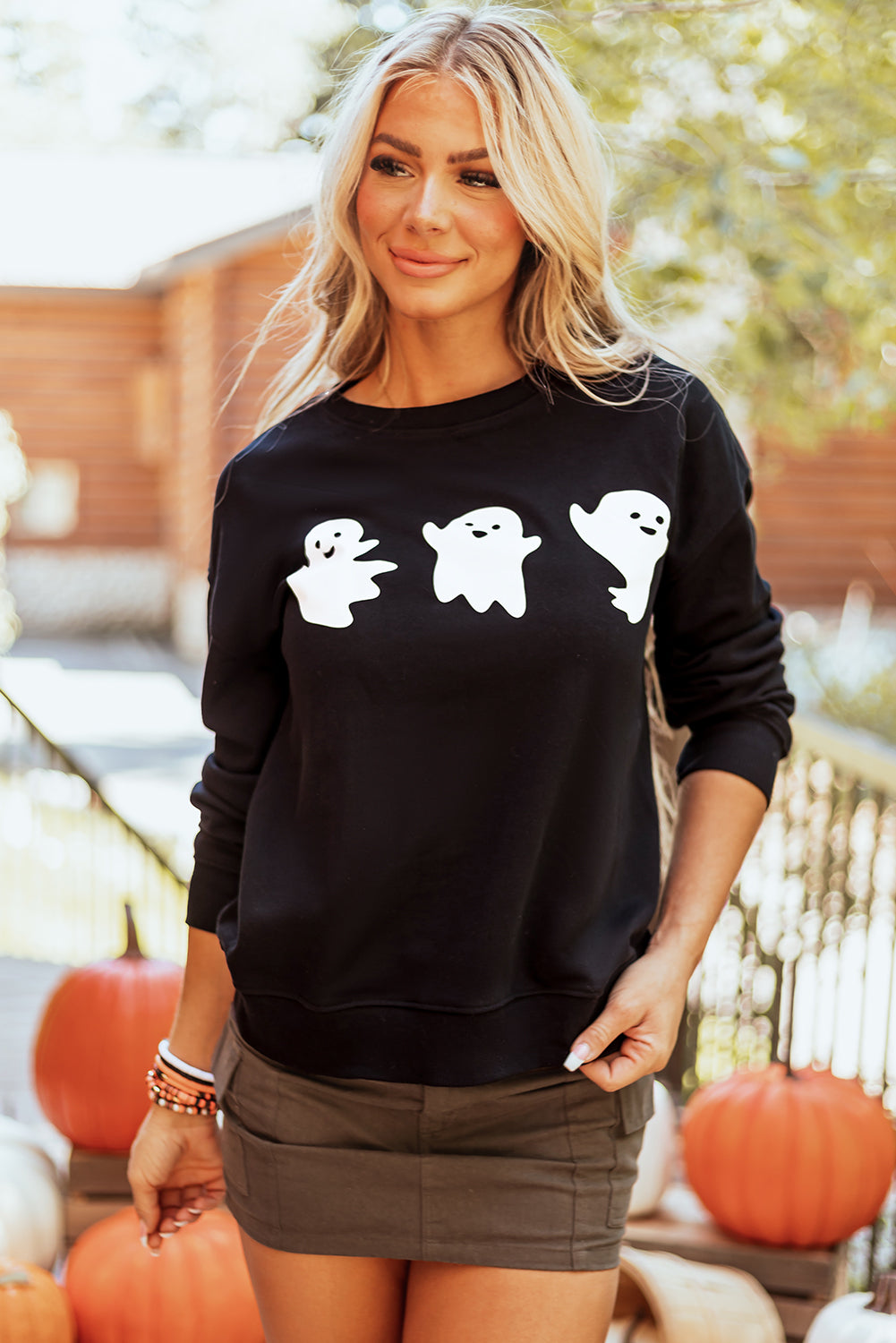 Black Halloween Ghosts Print Round Neck Sweatshirt-Graphic/Graphic Sweatshirts-[Adult]-[Female]-Black-S-2022 Online Blue Zone Planet