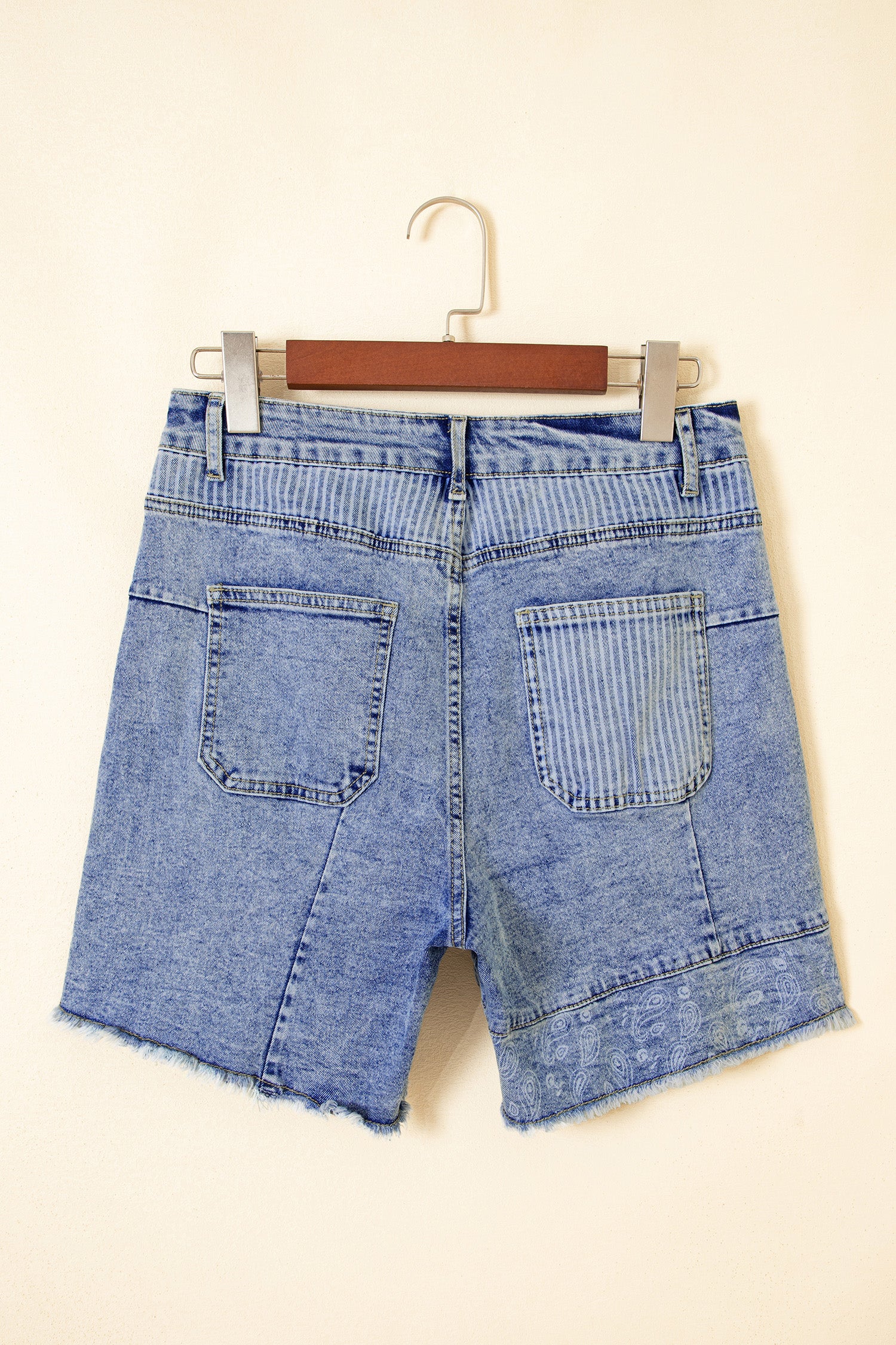 Sky Blue Striped Paisley Mixed Patchwork Raw Hem Denim Shorts-Bottoms/Denim Shorts-[Adult]-[Female]-2022 Online Blue Zone Planet