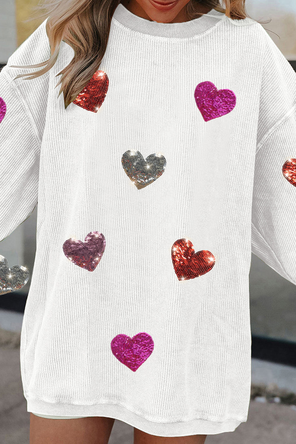 White Valentines Heart Patched Pattern Corded Pullover Sweatshirt-Graphic Sweatshirts-[Adult]-[Female]-2022 Online Blue Zone Planet