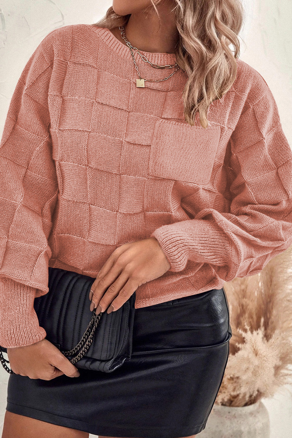 Light French Beige Solid Checkered Textured Knit Plus Size Sweater-Plus Size/Plus Size Sweaters & Cardigans-[Adult]-[Female]-Rose Tan-1X-2022 Online Blue Zone Planet