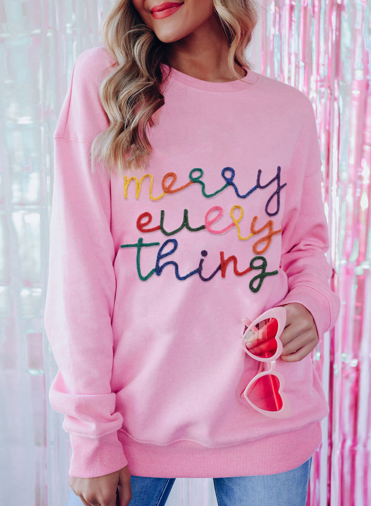 Peach Blossom Merry Every Thing Tinsel Slogan Sweatshirt-Tops/Sweatshirts & Hoodies-[Adult]-[Female]-Peach Blossom-S-2022 Online Blue Zone Planet