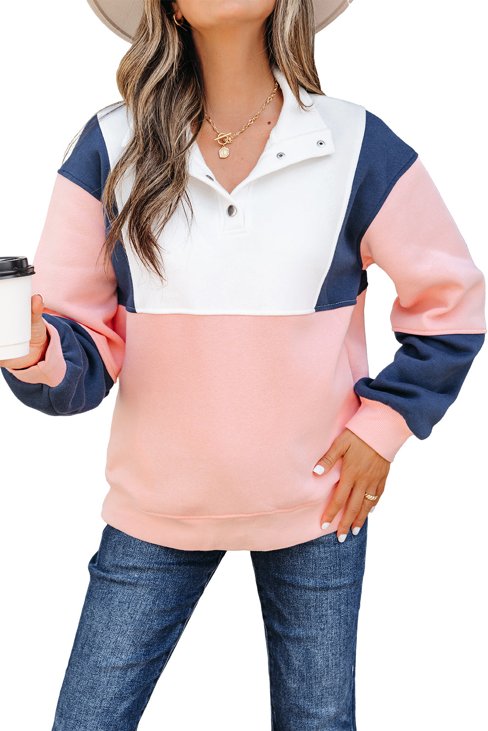 Pink Colorblock Patchwork Half Button Baggy Sweatshirt-Tops/Sweatshirts & Hoodies-[Adult]-[Female]-2022 Online Blue Zone Planet