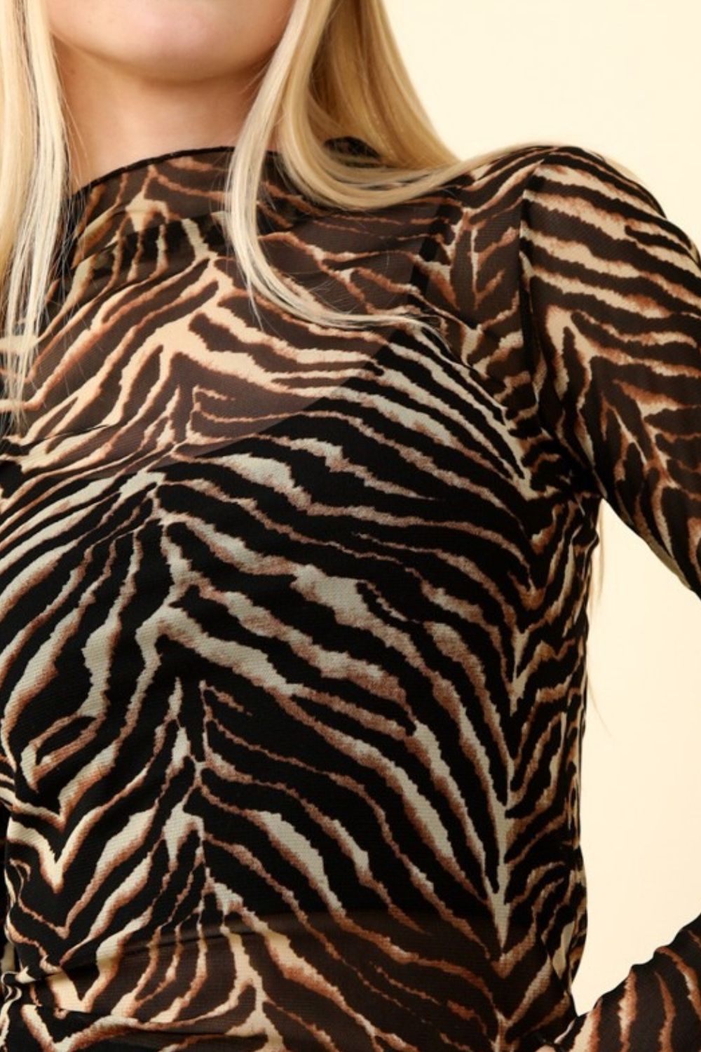 Blue Zone Planet | VERY J Zebra Print Mock Neck Sheer Mesh Blouse-TOPS / DRESSES-[Adult]-[Female]-2022 Online Blue Zone Planet