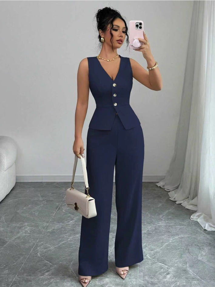A two-piece set of solid color sleeveless slimming waistcoat and high-waisted trousers for women's clothing