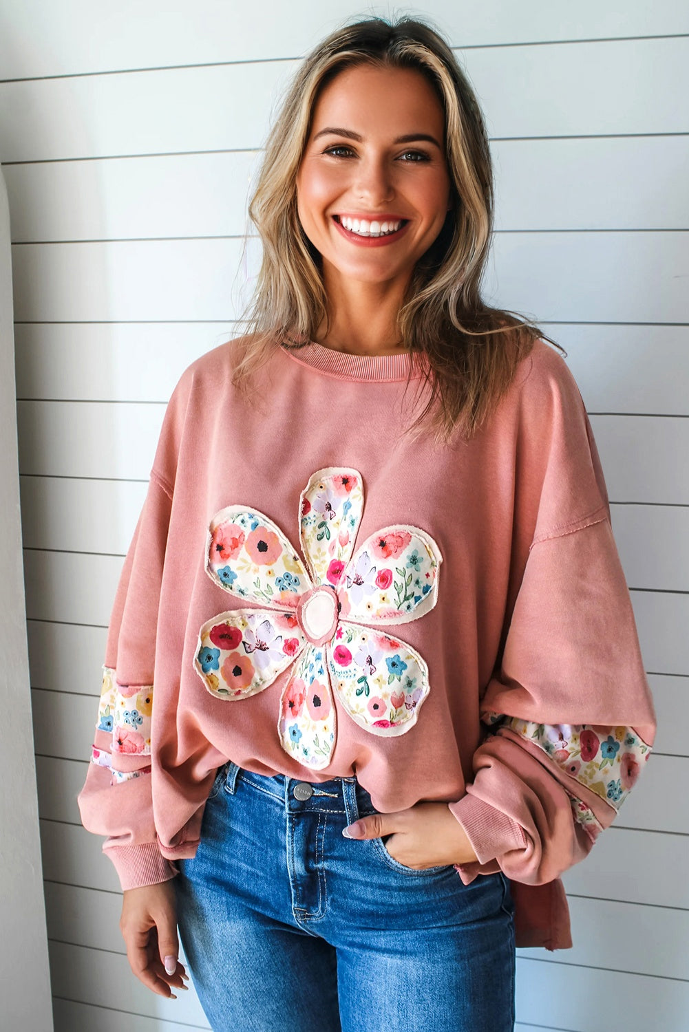 Peach Blossom Floral Applique Baggy Pullover Sweatshirt-Tops/Sweatshirts & Hoodies-[Adult]-[Female]-2022 Online Blue Zone Planet