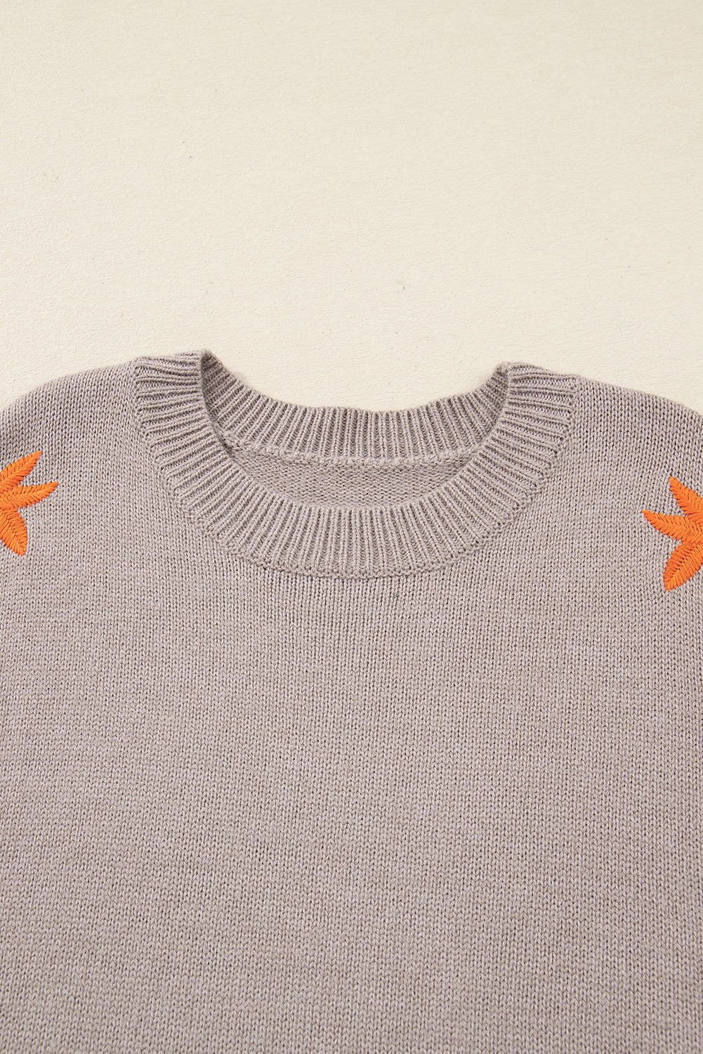 Beige Embroidered Floral Sleeve Round Neck Loose Sweater-TOPS / DRESSES-[Adult]-[Female]-2022 Online Blue Zone Planet