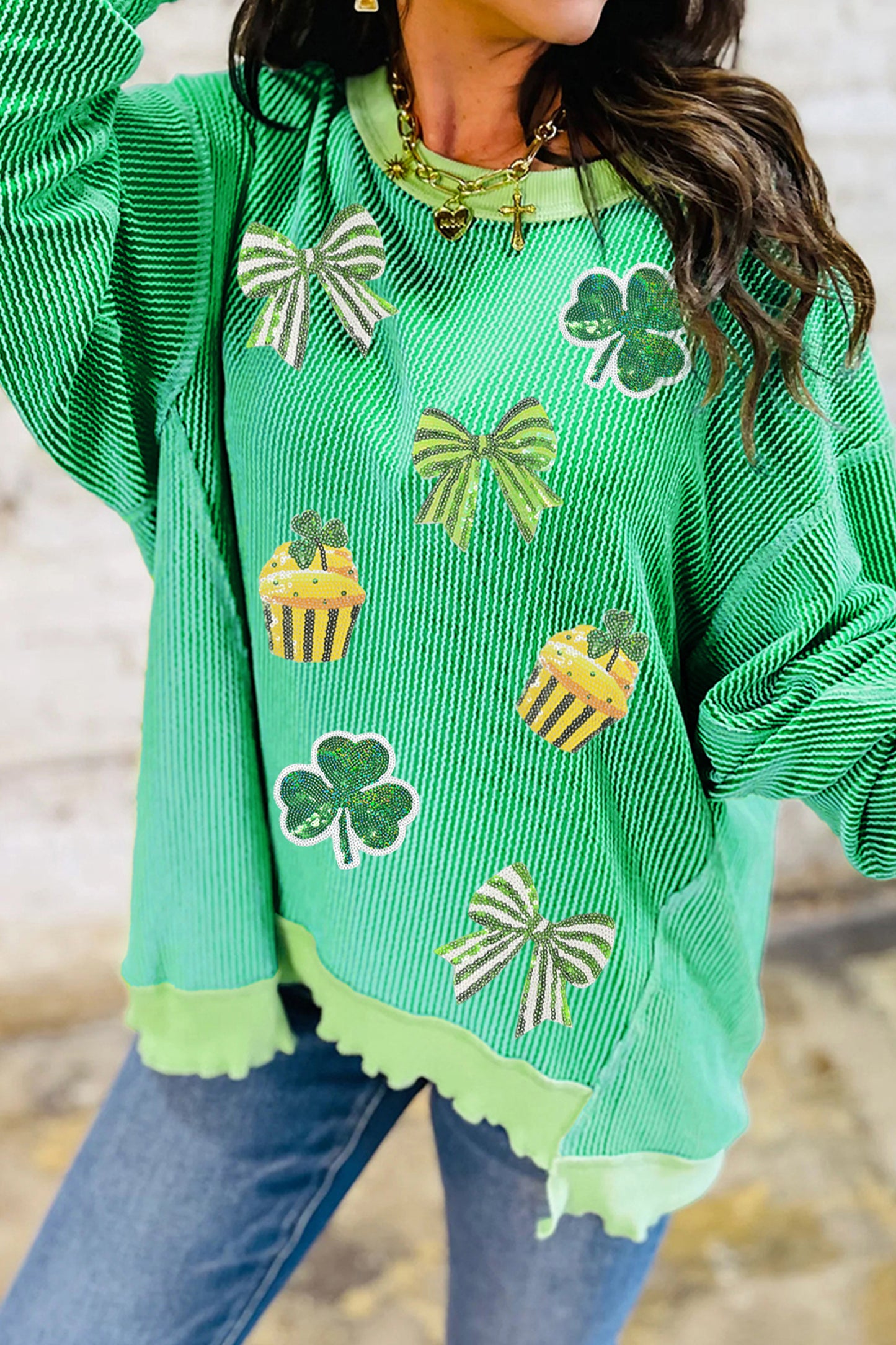 Bright Green Twisted Rib St Patricks Day Sequin Patch Graphic Long Sleeve Top-Graphic/Graphic Long Sleeve Tees-[Adult]-[Female]-2022 Online Blue Zone Planet
