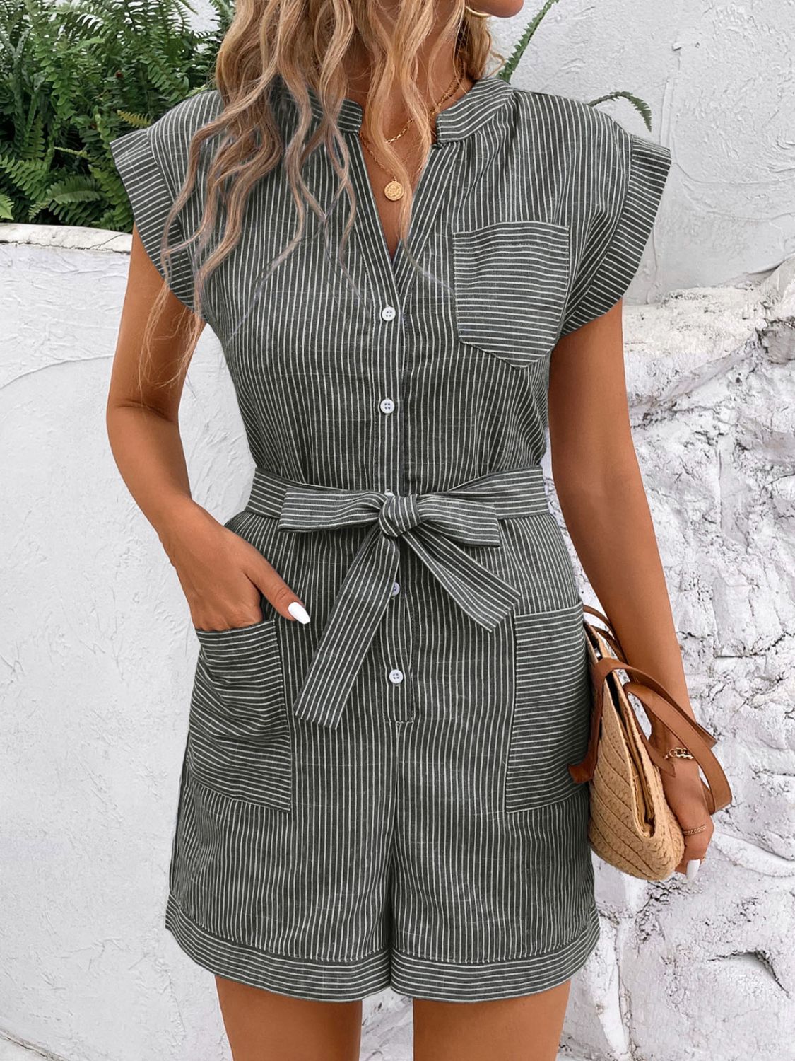 Perfee Striped Notched Tie Waist Romper-TOPS / DRESSES-[Adult]-[Female]-2022 Online Blue Zone Planet