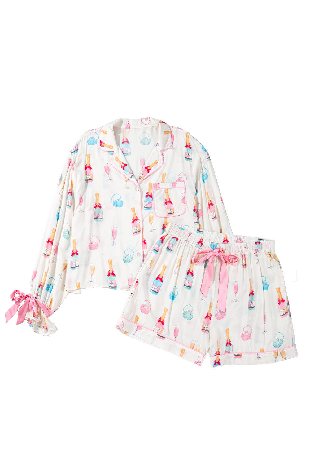 White Wine Glass Print Ribbon Bow Decor Plus Size Pajama Set-Plus Size Matching Sets-[Adult]-[Female]-2022 Online Blue Zone Planet