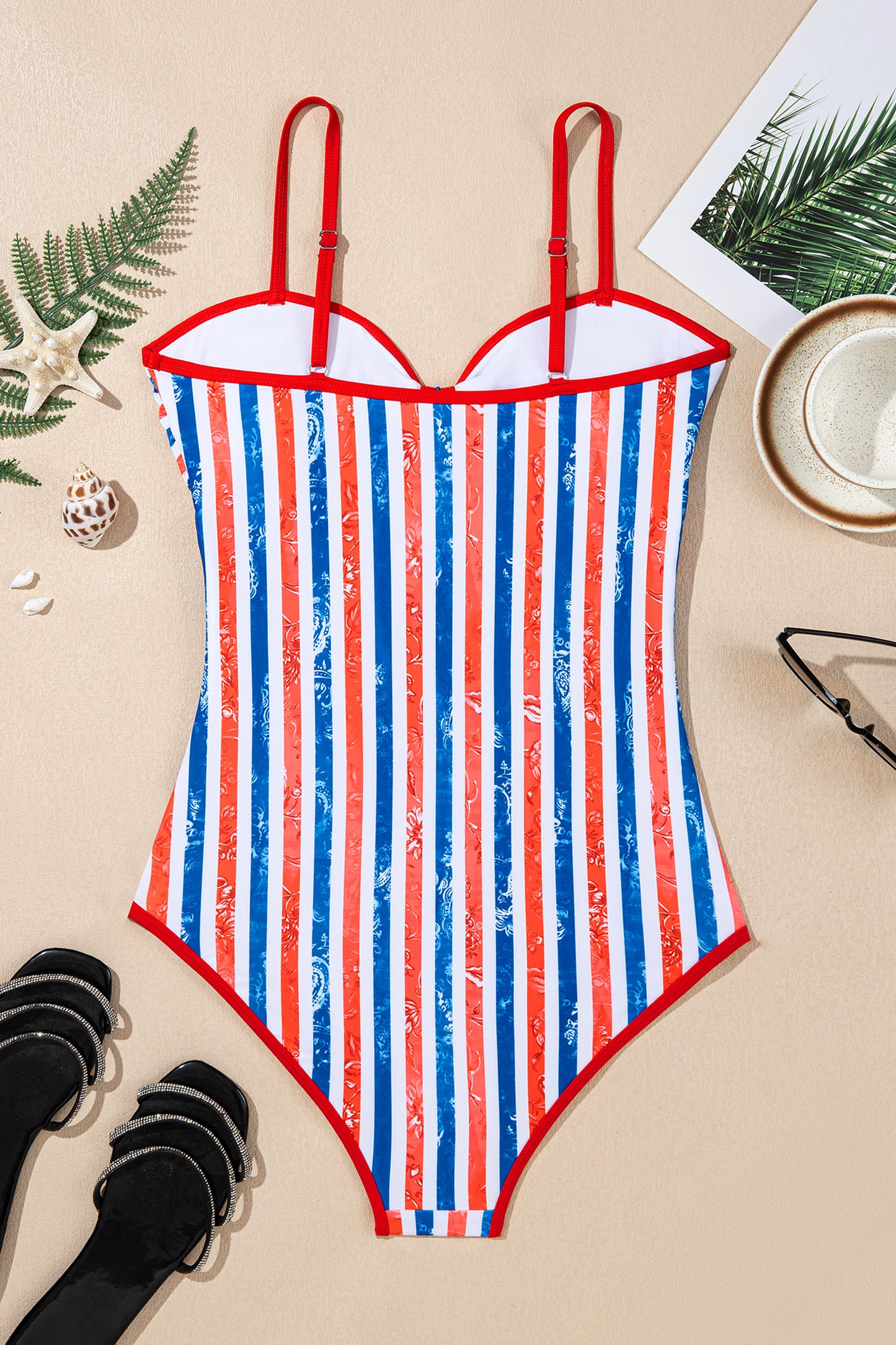 Red July 4th Stripes Star Floral Impression Cutout Spaghetti Straps One Piece Swimsuit-Swimwear/One Piece Swimsuit-[Adult]-[Female]-2022 Online Blue Zone Planet