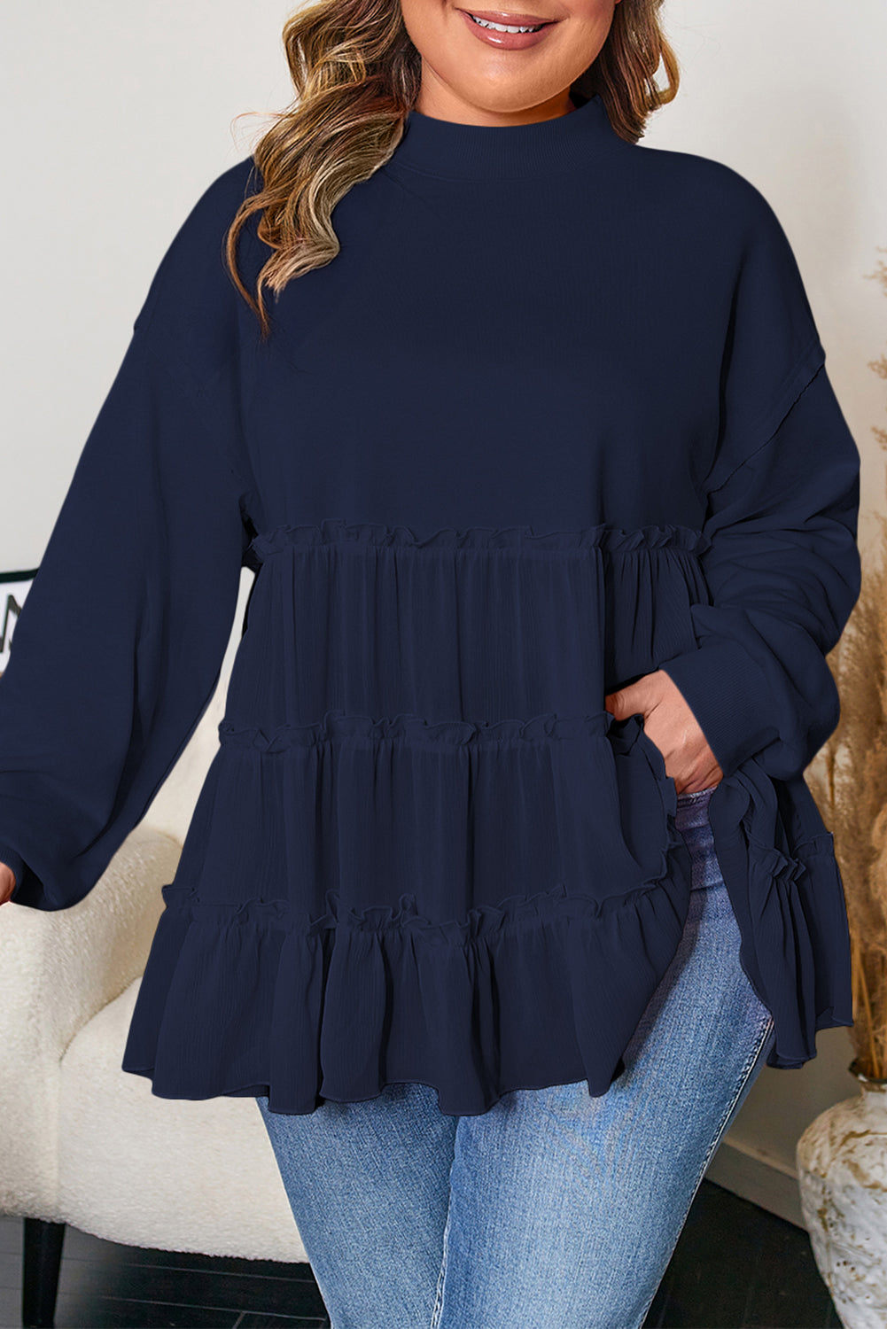 Navy Blue Tiered Ruffle Ribbed Crew Neck Pullover Plus Size Top-Plus Size/Plus Size Tops/Plus Size Blouses & Shirts-[Adult]-[Female]-2022 Online Blue Zone Planet