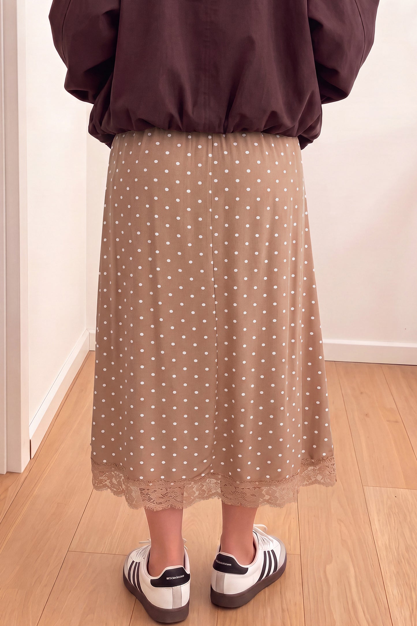 Brown Polka Dot Lace Hem Elegant Long Shift Skirt-Bottoms/Skirts & Petticoat-[Adult]-[Female]-2022 Online Blue Zone Planet