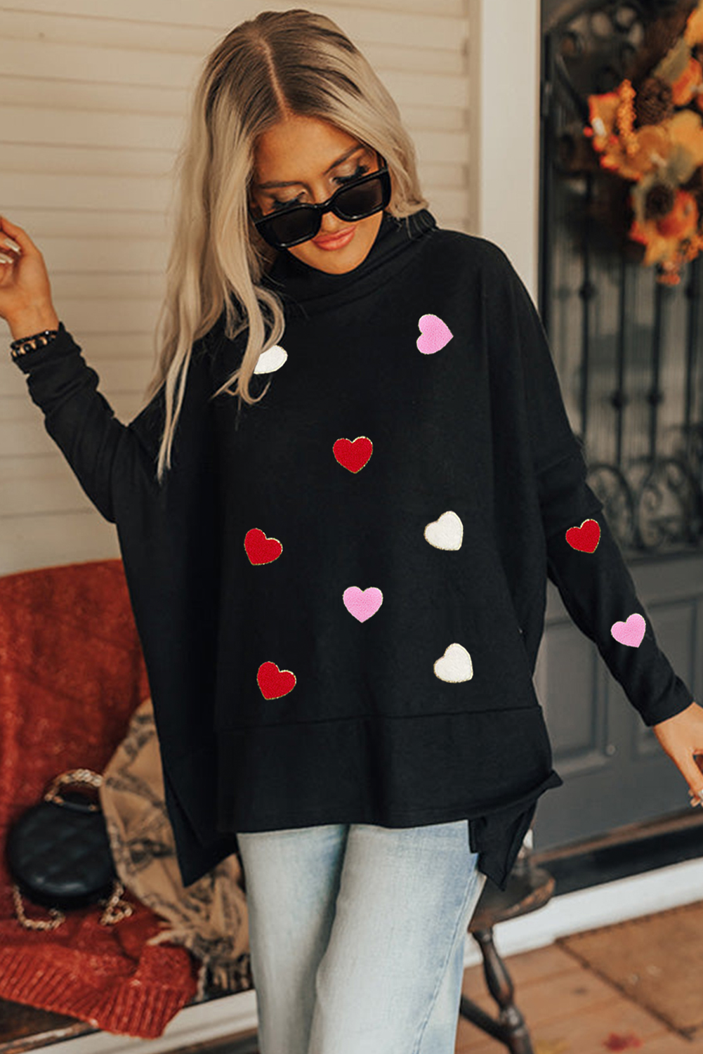 Black Valentines Chenille Heart Patched Dolman Sleeve High Neck Split Top-Graphic Apparel-[Adult]-[Female]-2022 Online Blue Zone Planet